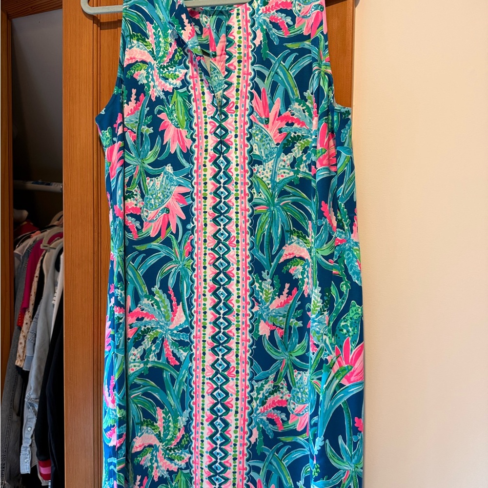 Lilly Pulitzer Navy Blue Tropical Print Sleeveless Shift Dress with Pink Accents